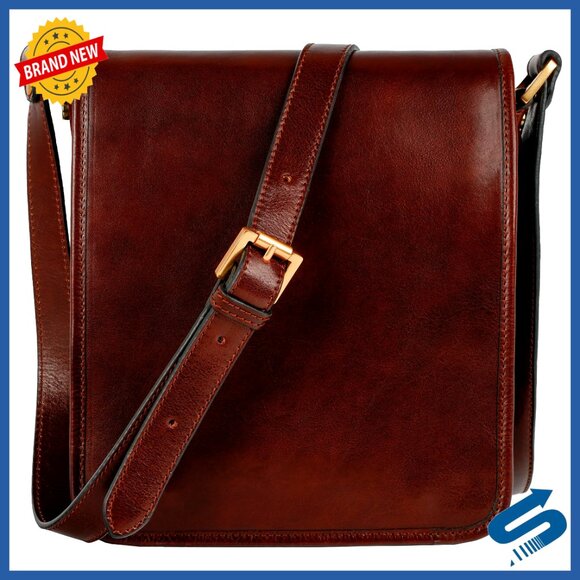 Full Grain Leather Messenger Bag for Men - Tablet Sized Crossbody Shoulder Bag